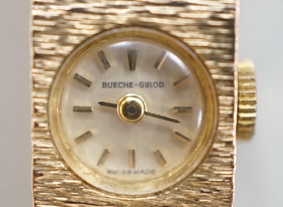 A lady's 9ct gold Buech Girod manual wind bracelet watch, 16.3cm, gross weight 25.3 grams
